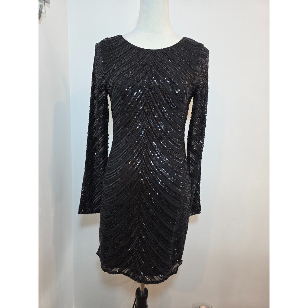 Gianni Bini Black Sequin Chevron Bodycon Mini Dress Long Sleeve Small